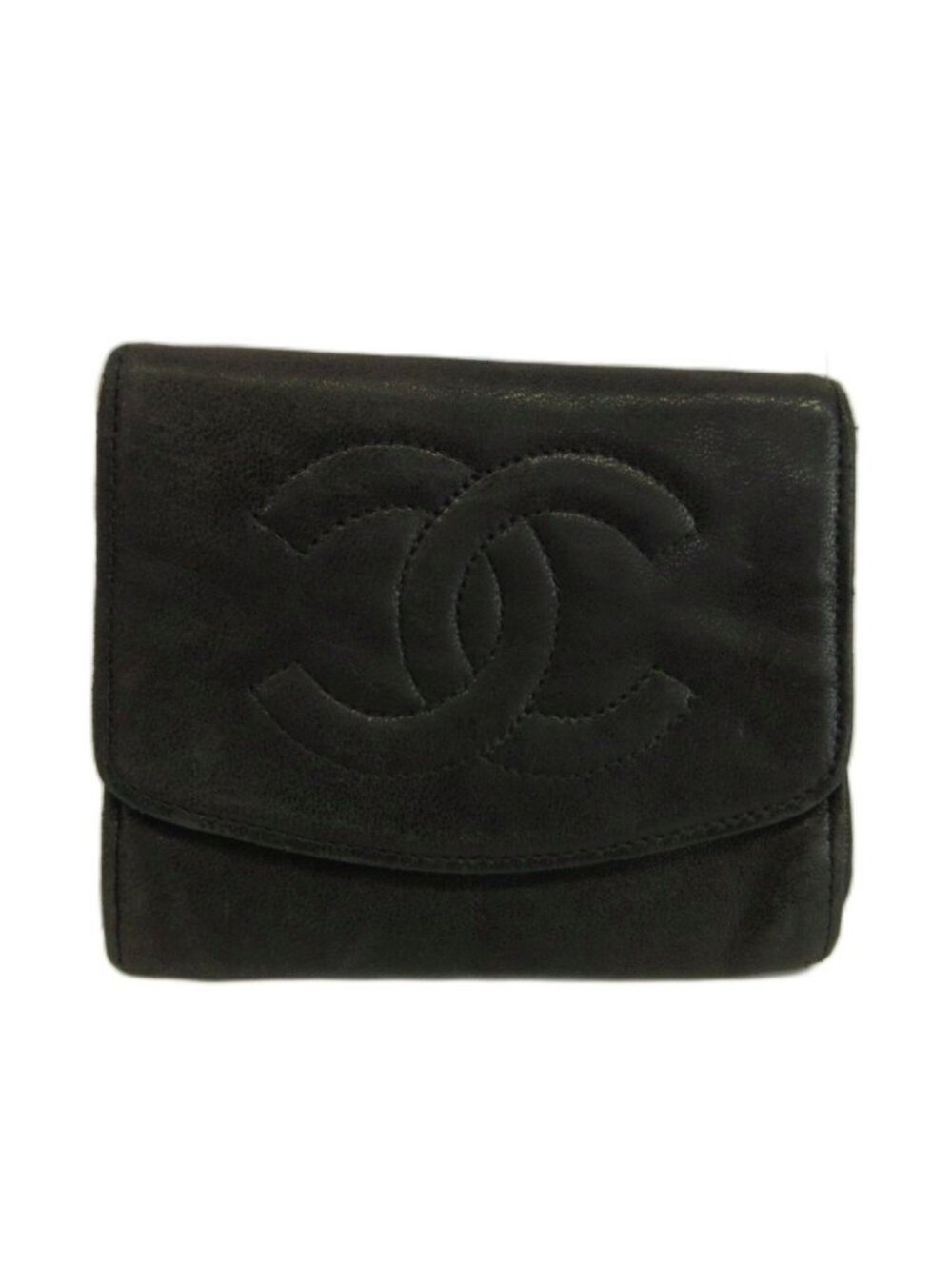 Chanel Vintage Coin Purse Bifold Leather CC Logo Stitch Black